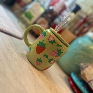 Strawberry “soda pop” mug with lid and straw! 5 inches tall!